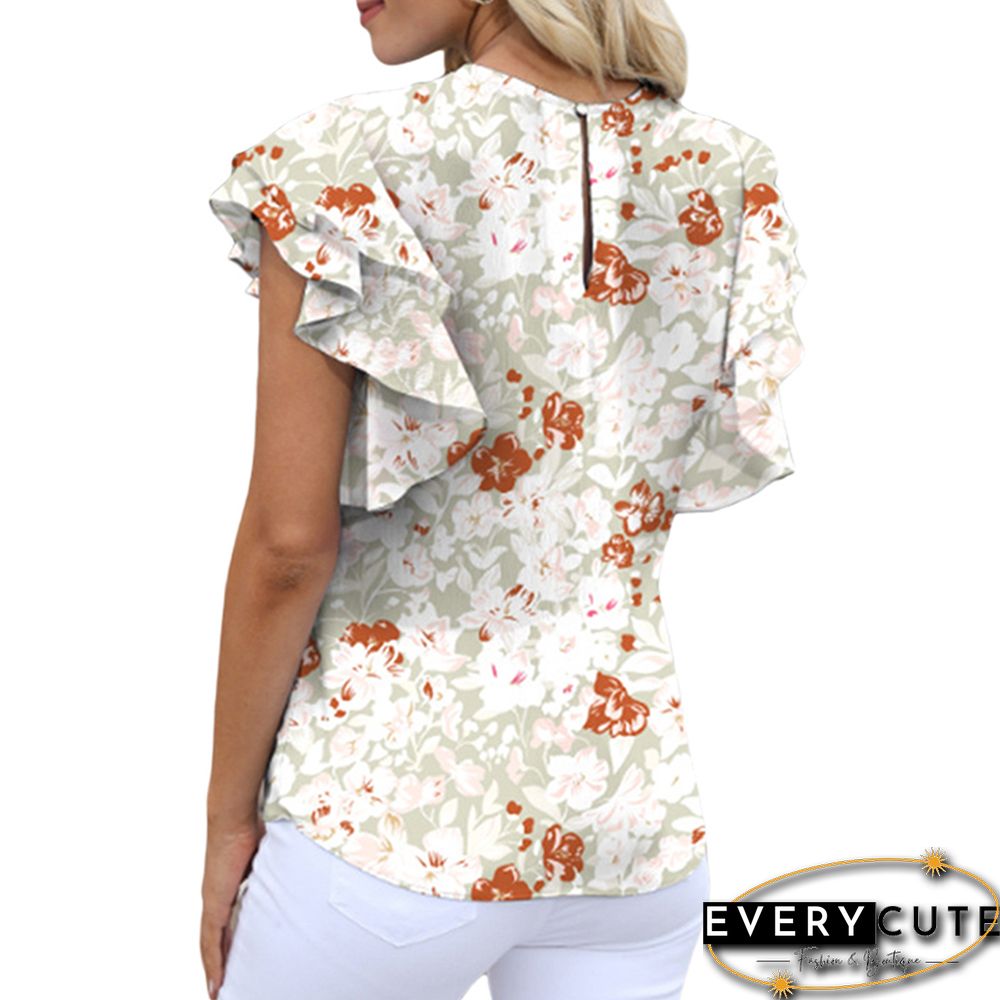 Pea Green Ruffle Sleeve Chiffon Floral Pullover Tops
