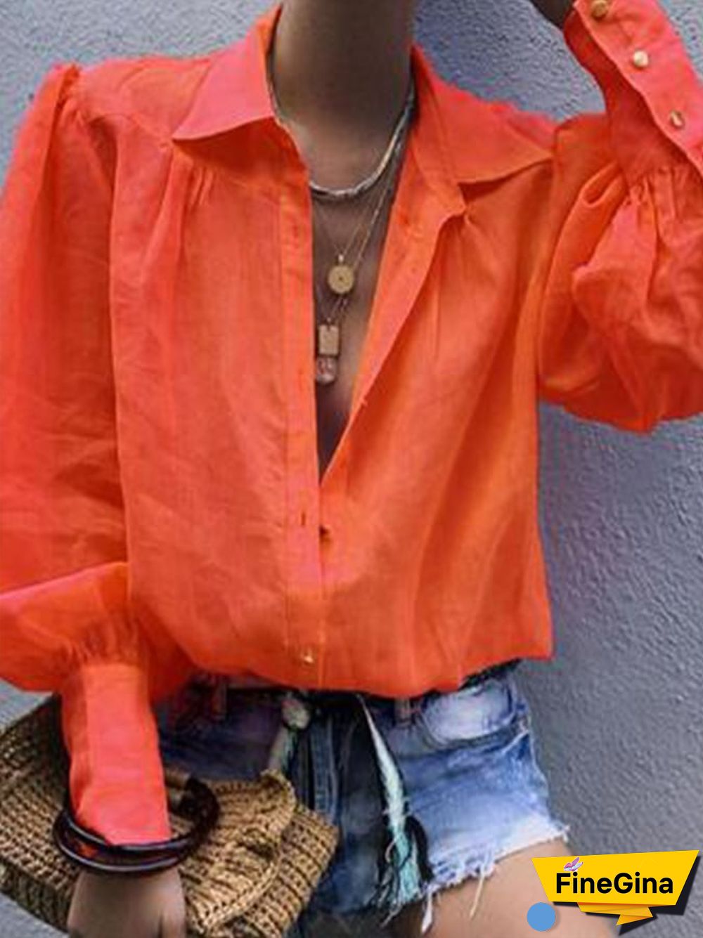 Women's Solid Color Pleated Long Sleeve Shirt