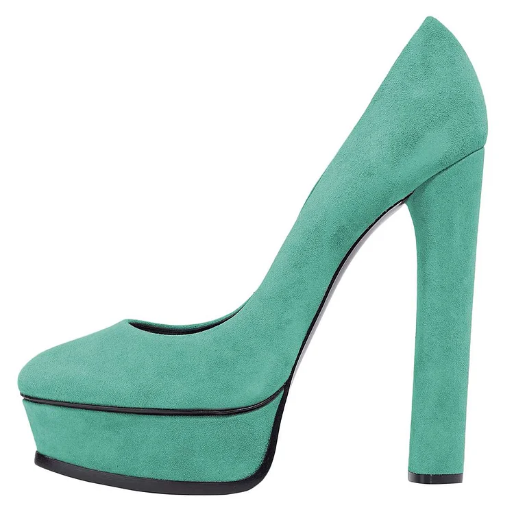 FSJ Turquoise Heels Vegan Suede Platform Chunky Heel Pumps |FSJ Shoes
