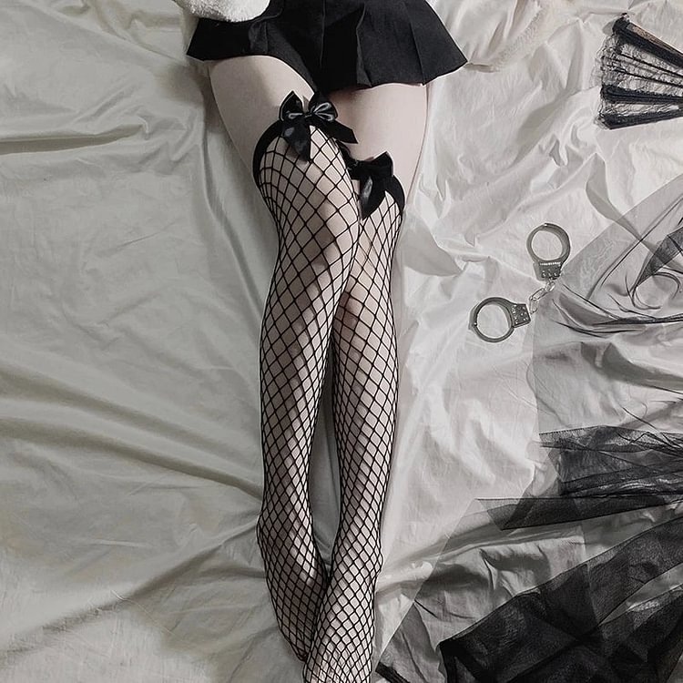 Bow Over The Knee Fishnet Stockings