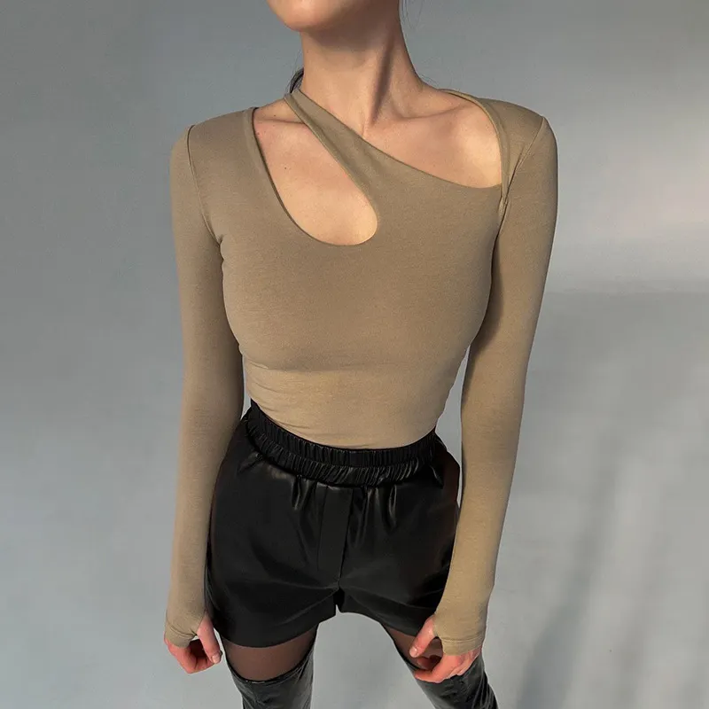 Uveng Uveng Hollow Collar Solid Color Onesie, Sexy Hot Girl Fashion Slim Long-Sleeved Top