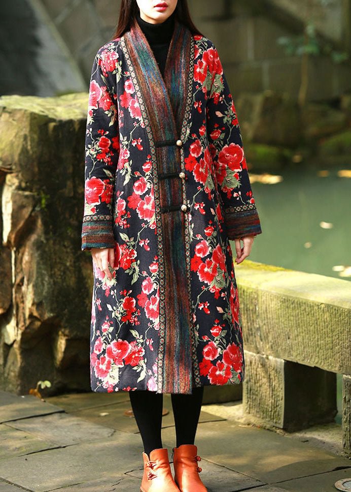 Red Print Fine Cotton Filled Long Coats V Neck Oriental Button Winter