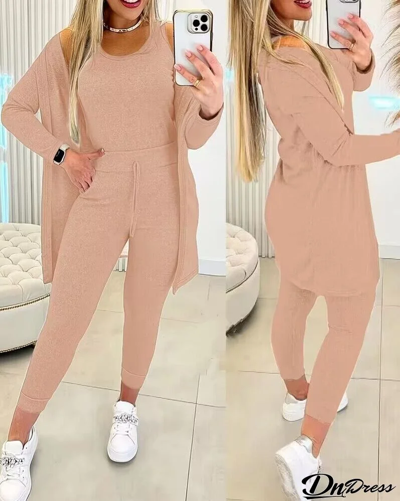 3PCS Round Neck Tank Top & Drawstring Pants Set With Coat