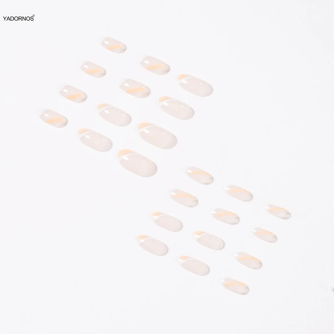 Fake nails Patch Mid Length Pointed Head Nails White Orange Lines Nail Art Finished Nail Piece 24PCS Glue Type Best Gifts TY-Nail Inspo