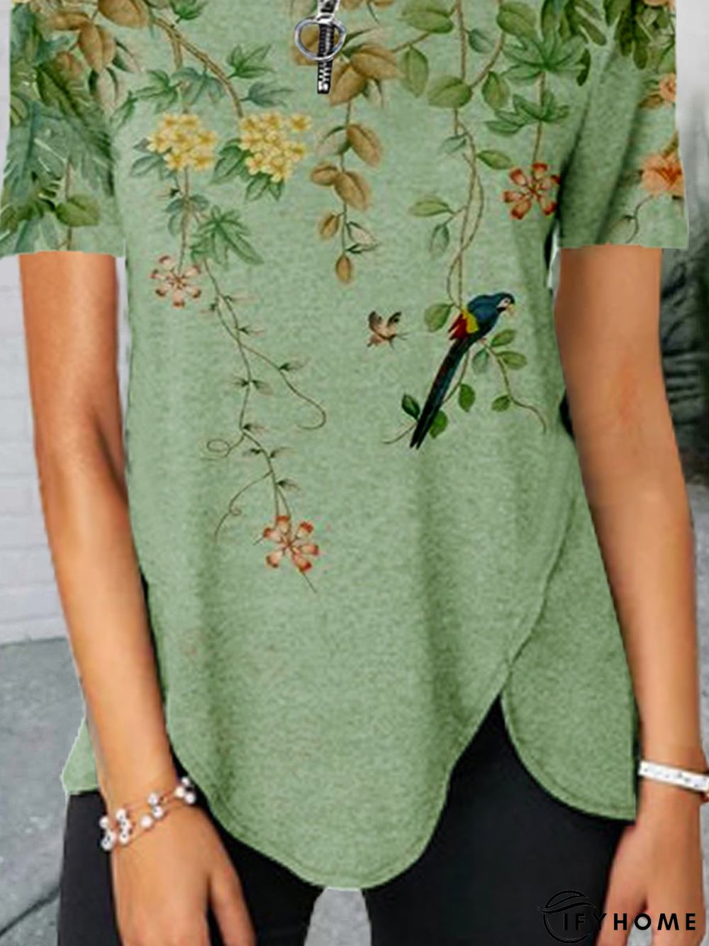 Floral Short Sleeve Zipper Cotton-blend V neck Vintage Summer Green Top | IFYHOME