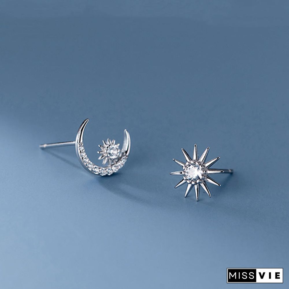 Sun Moon Asymmetrical 925 Sterling Silver Stud Earrings