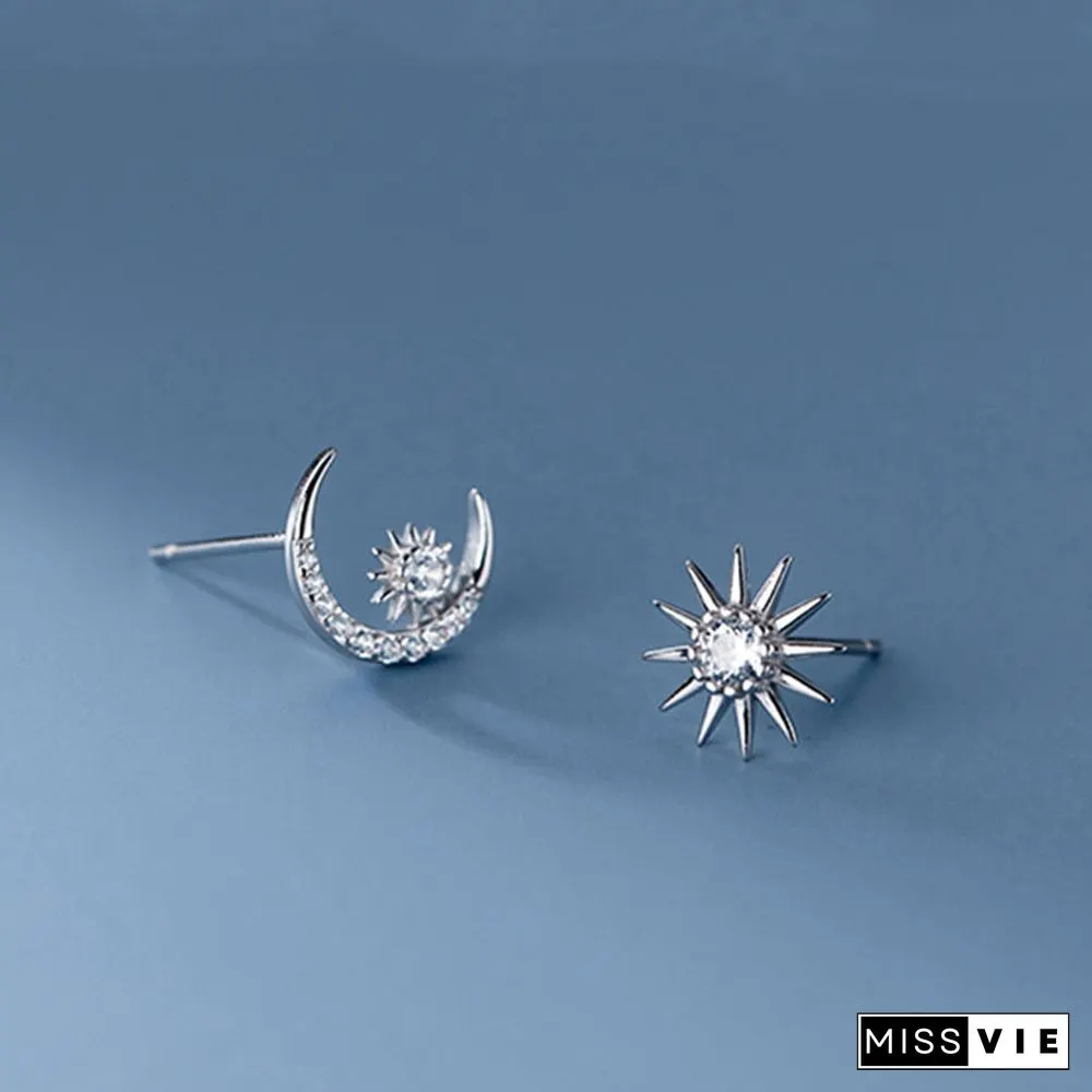 Sun Moon Asymmetrical 925 Sterling Silver Stud Earrings