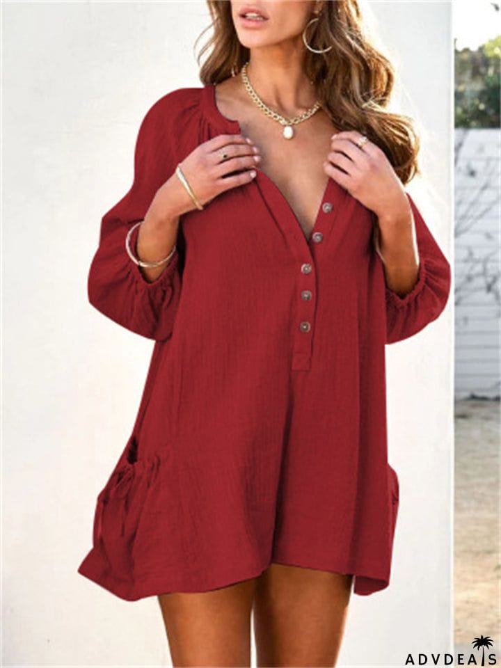 V Neck Side Pocket Vacation Short Jumpsuits for Lady