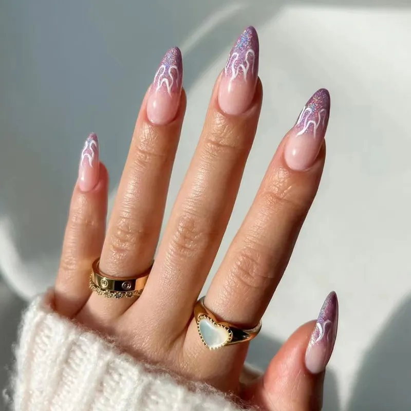 Churchf Churchf Ins Wind Flash Almond Nail Purple Gradient Flame Pattern Wearing Nail Finished Fake Nails