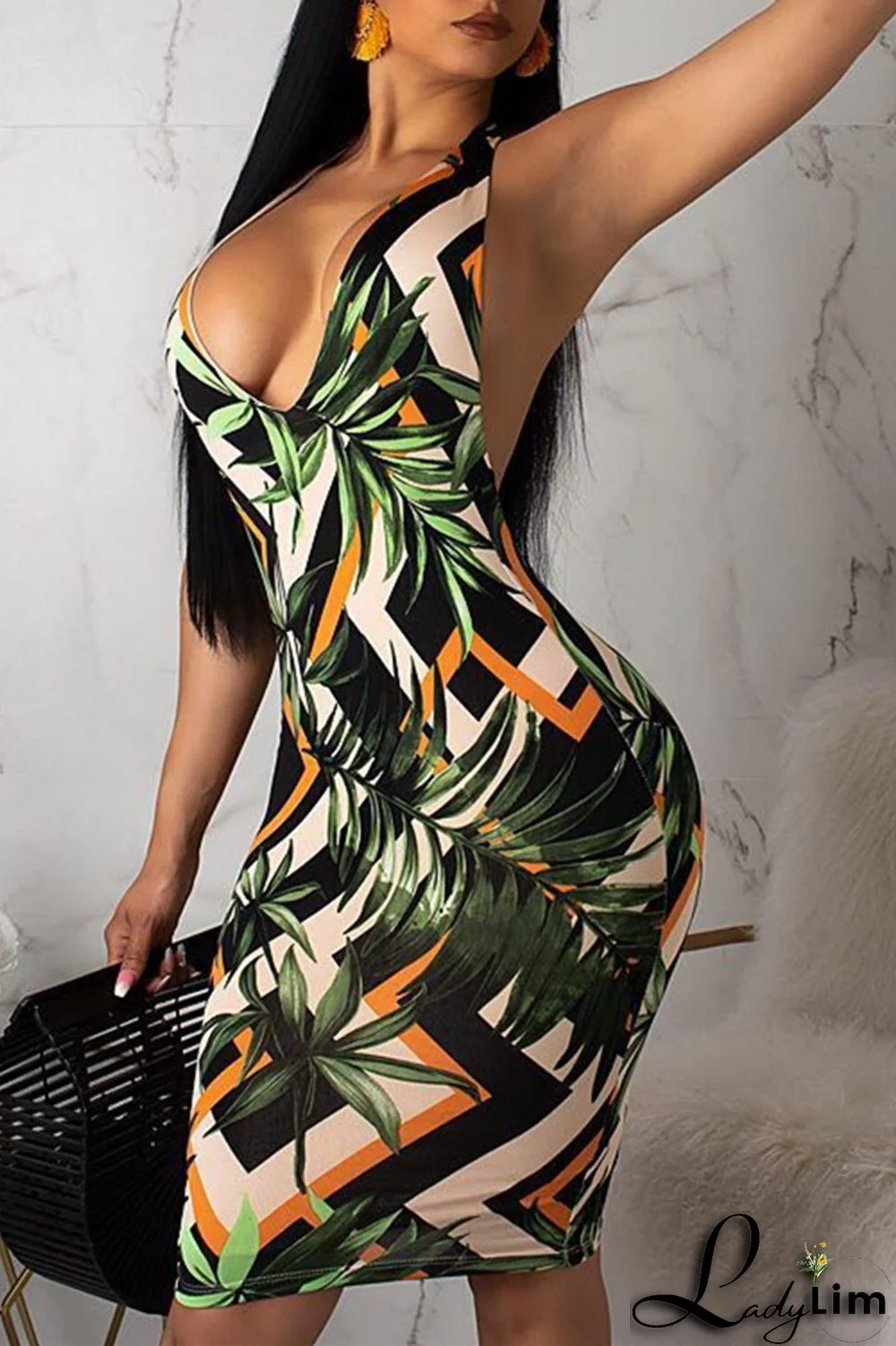 Multicolor Fashion Sexy Print Backless Halter Sleeveless Dress