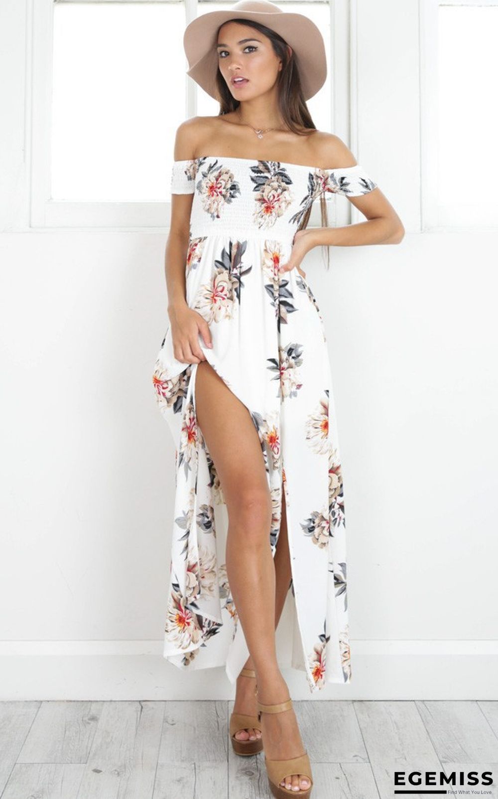 Chest-wrapped Flower Printed Beach Gown White Dresses | EGEMISS