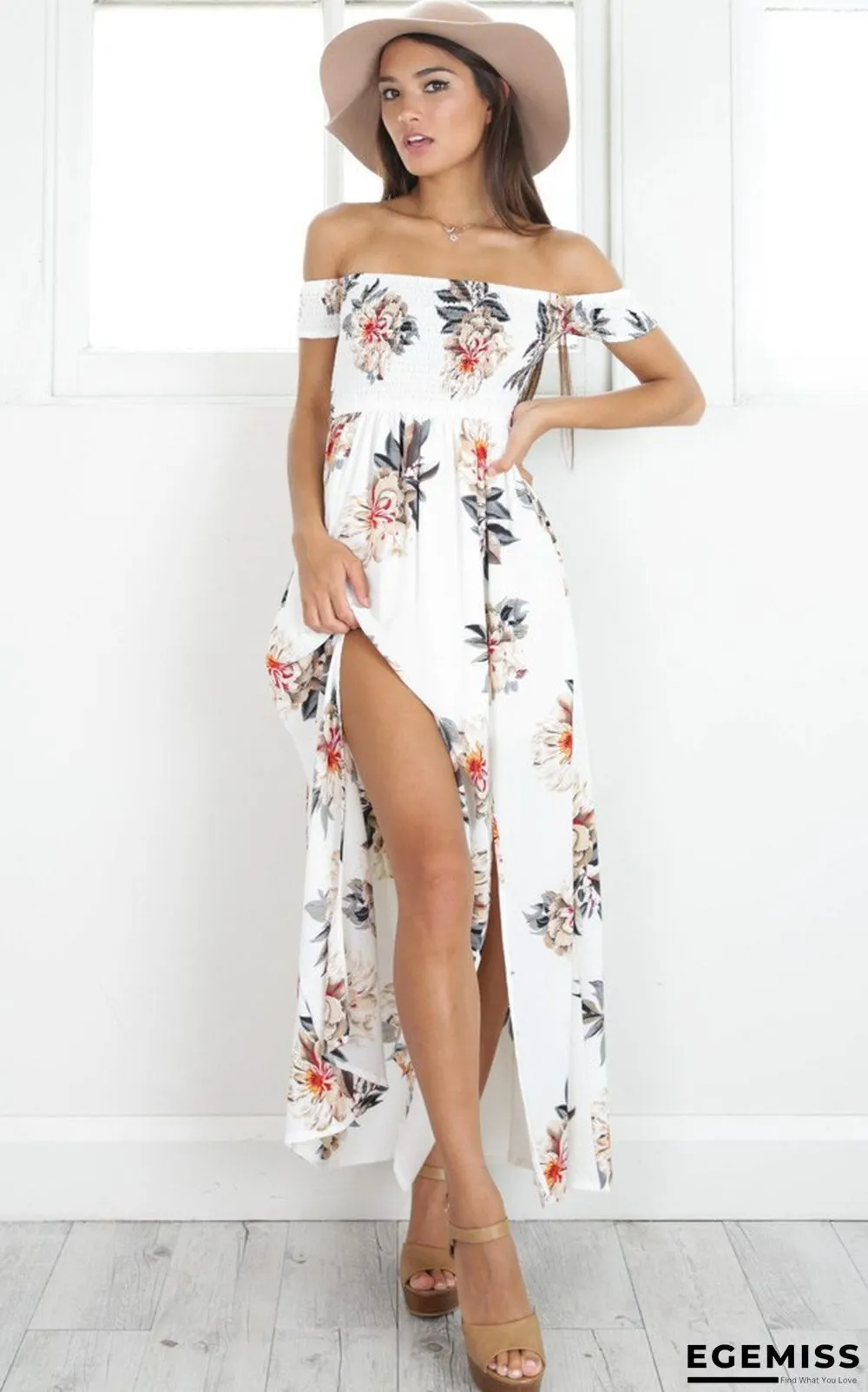 Chest-wrapped Flower Printed Beach Gown White Dresses | EGEMISS