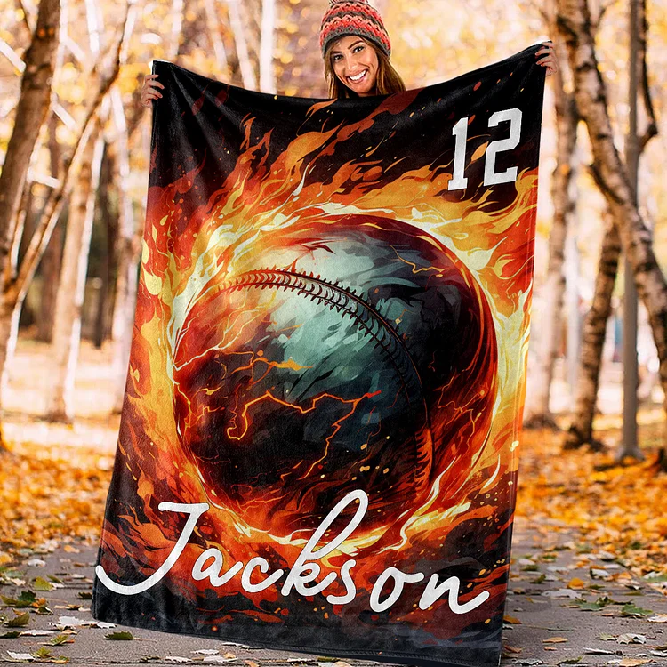 Personalized Baseball Blanket, Sport Theme Blanket with Number and Name Birthday Team Gift for Athletes Sport Lovers | BKKid732