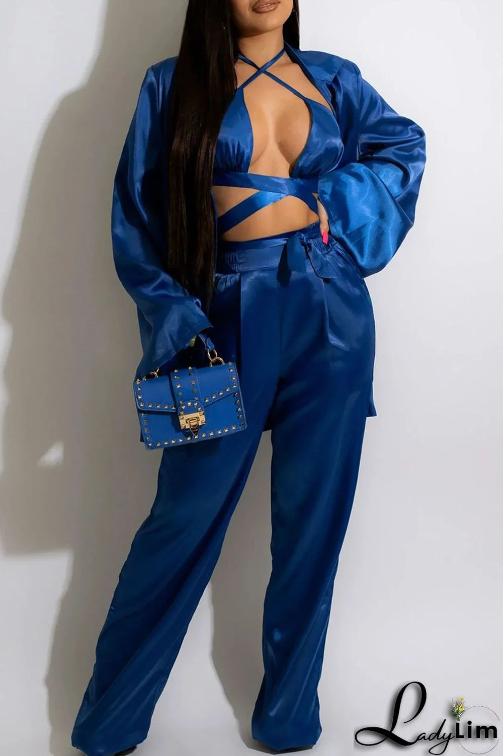 Black Sexy Solid Patchwork Turndown Collar Long Sleeve Three Pieces