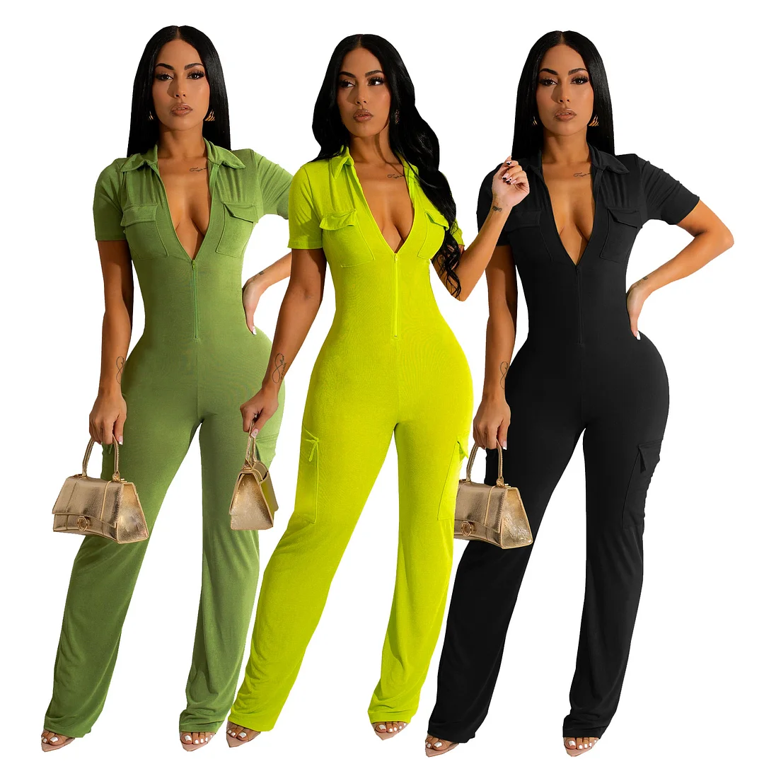 Slim Sexy Lapel Zipper Three-dimensional Pocket Jumpsuit | IFYHOME