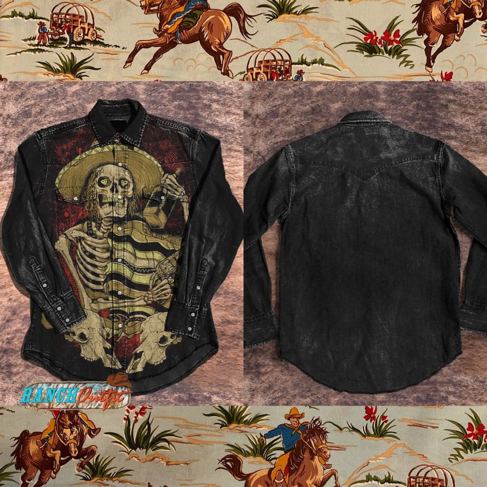 Handsome Skeleton Cowboy Print Vintage Stripe Casual Shirt Multicolor / S