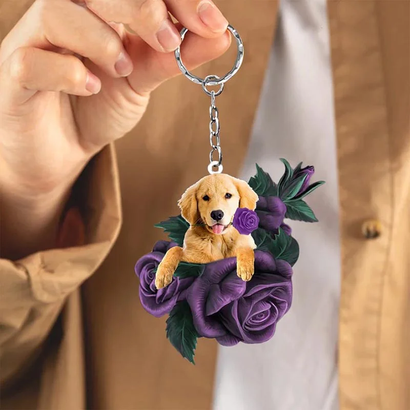 VigorDaily Golden Retriever In Purple Rose Acrylic Keychain PR037