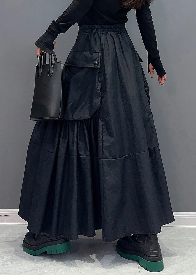 New Black Pockets Wrinkled Elastic Waist Cotton Skirts Spring