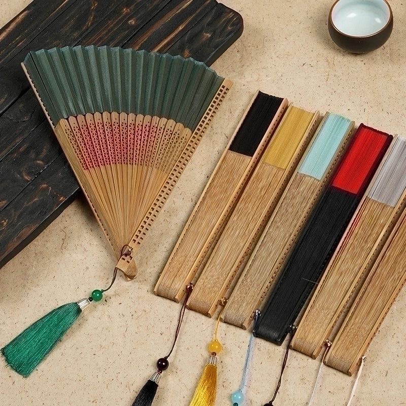 21cm Bamboo Silk Fan Women's Archaic Folding Fan Tassel 6-inch Scenic Spot Travel Photo Fan
