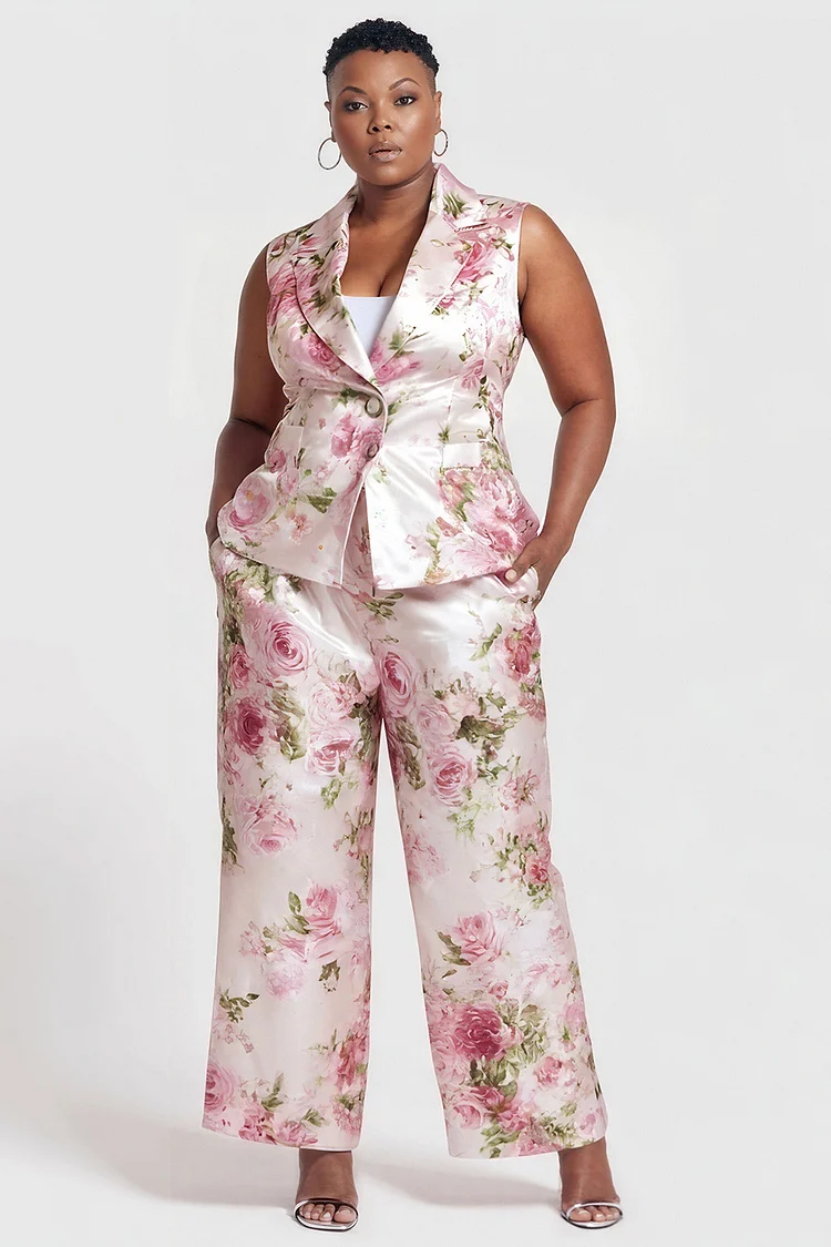 Xpluswear Design Plus Size Formal Elegant Pink Floral Turndown Collar Pocket Satin Two Piece Pant Suits [Pre-Order] 2024 - Xpluswear