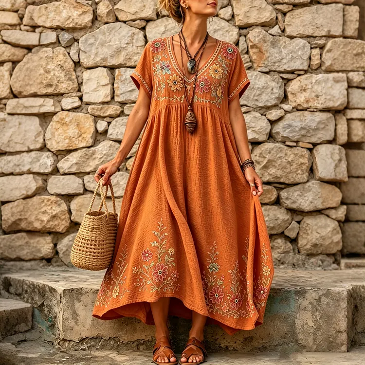 Women's Vintage Floral Art Embroidered Linen Blend V Neck Maxi Dress