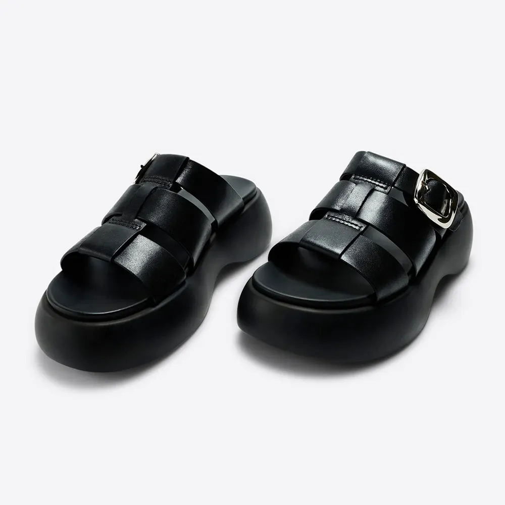 Black Open Round Toe Chunky Heel Buckle Strappy Platform Mules