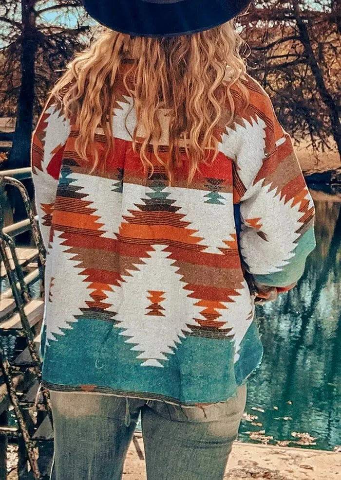 Women's Aztec Jacket Geometric Slit Button Pocket Coat