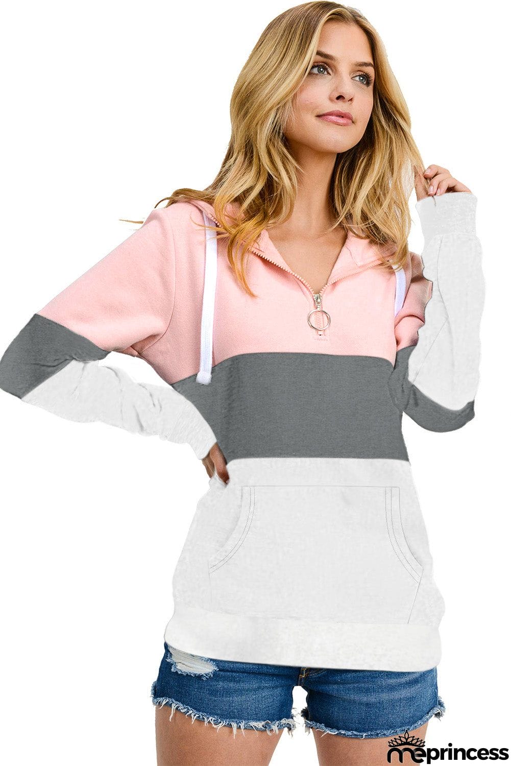 Color Block Zipped Neck Hoodie