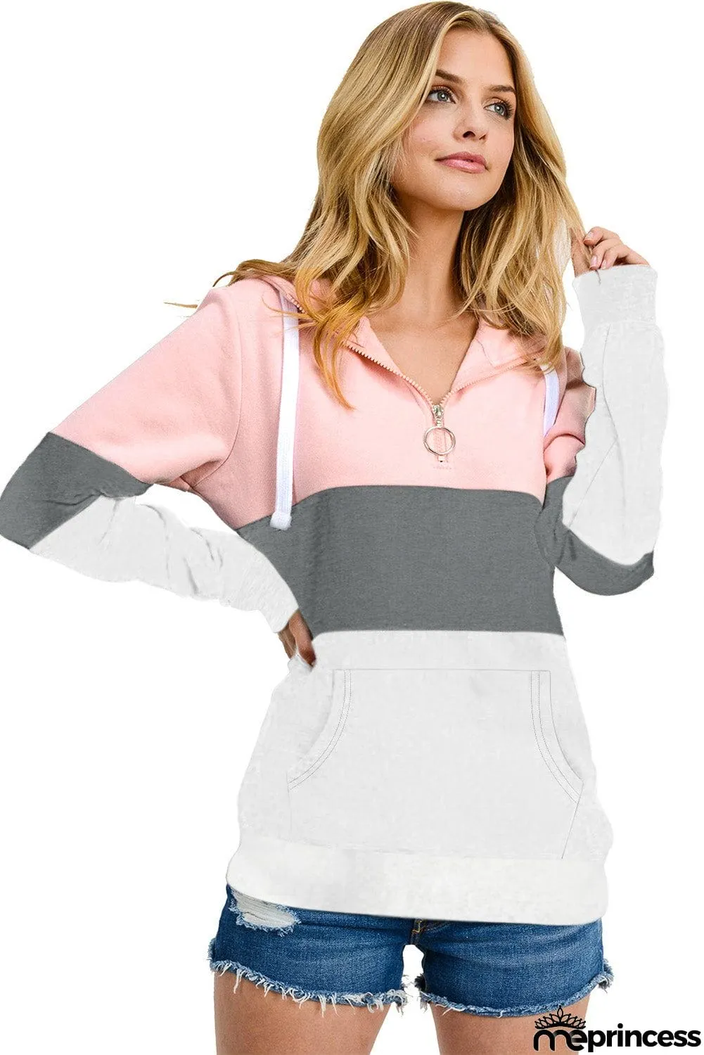Color Block Zipped Neck Hoodie