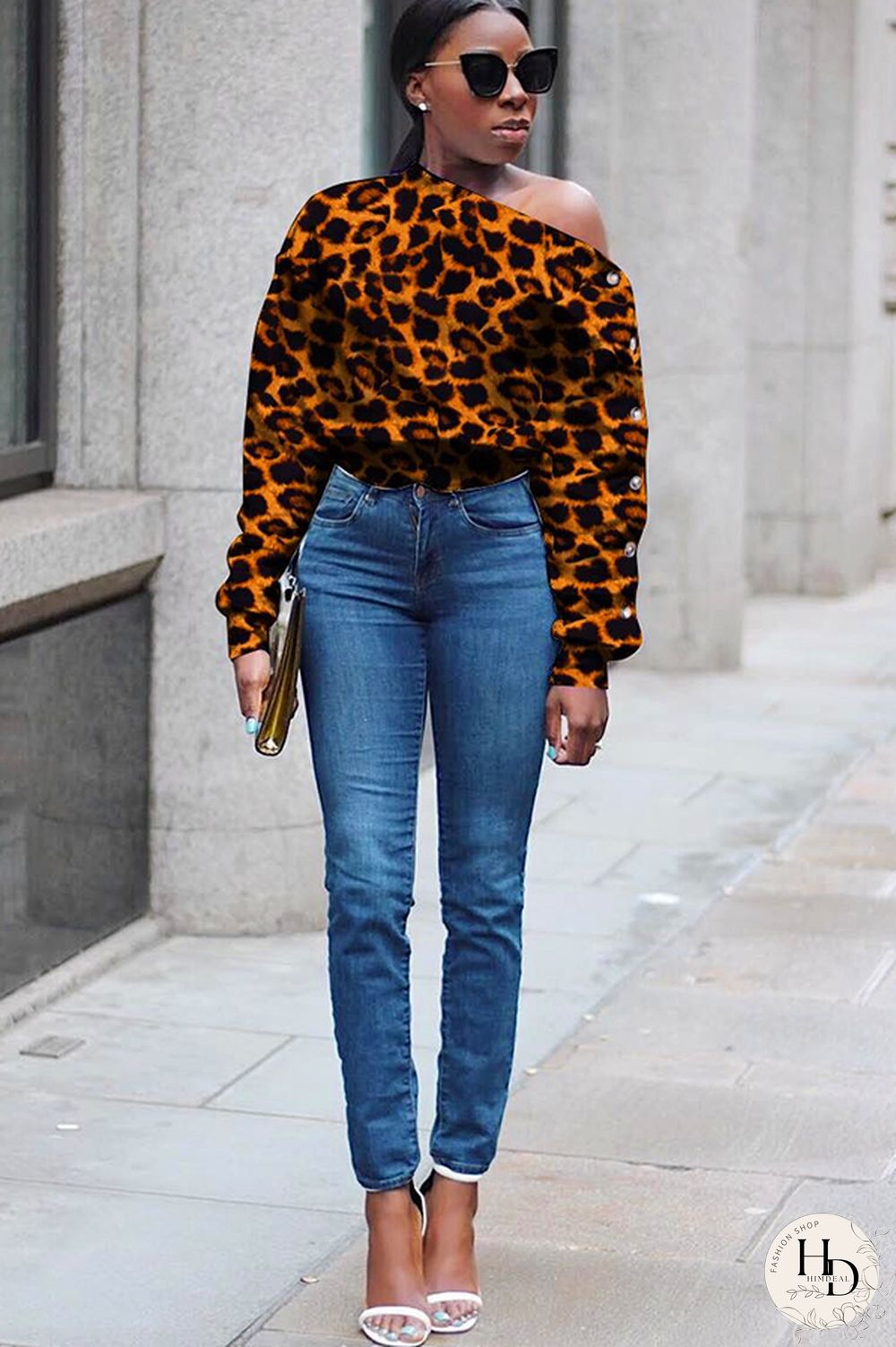 Black One Shoulder Collar Print Polyester Print Long Sleeve