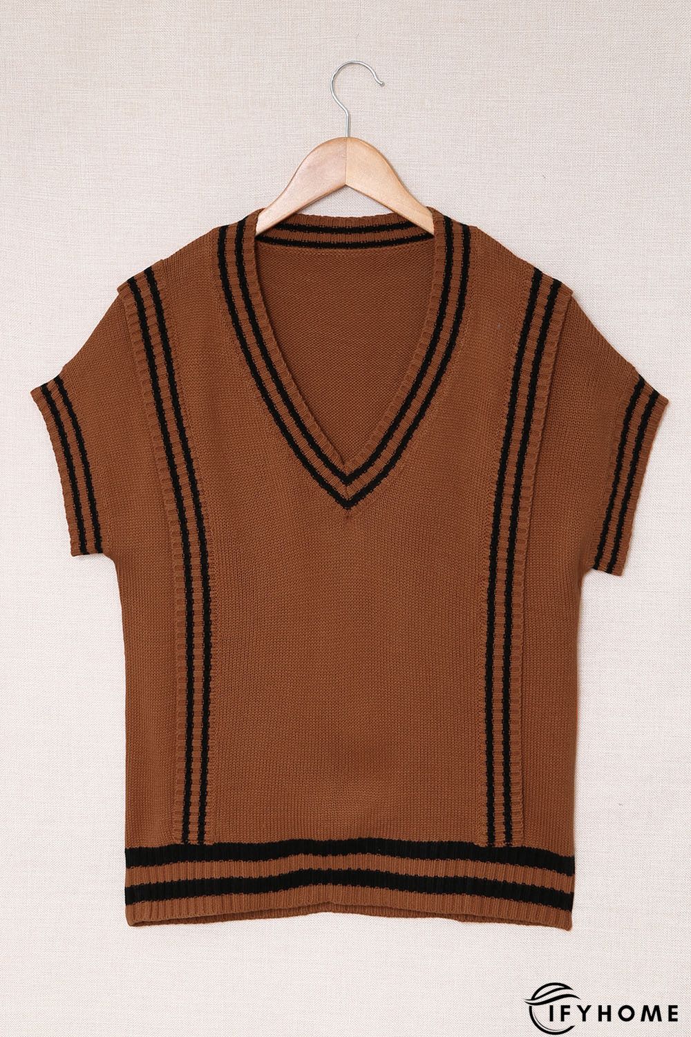 V Neck Contrast Stripes Trims Short Sleeve Sweater | IFYHOME