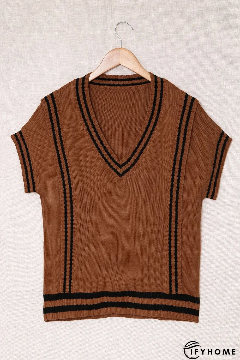 V Neck Contrast Stripes Trims Short Sleeve Sweater | IFYHOME