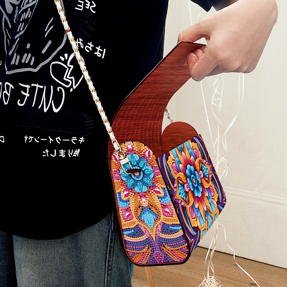 DIY Mandala Diamond Art Wooden Coin Pouch with Chain 5D Diamond Painting Purse