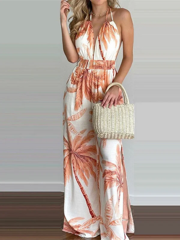 Printed Halter Sexy Backless Slit Wide Leg Pants Ladies Jumpsuit
