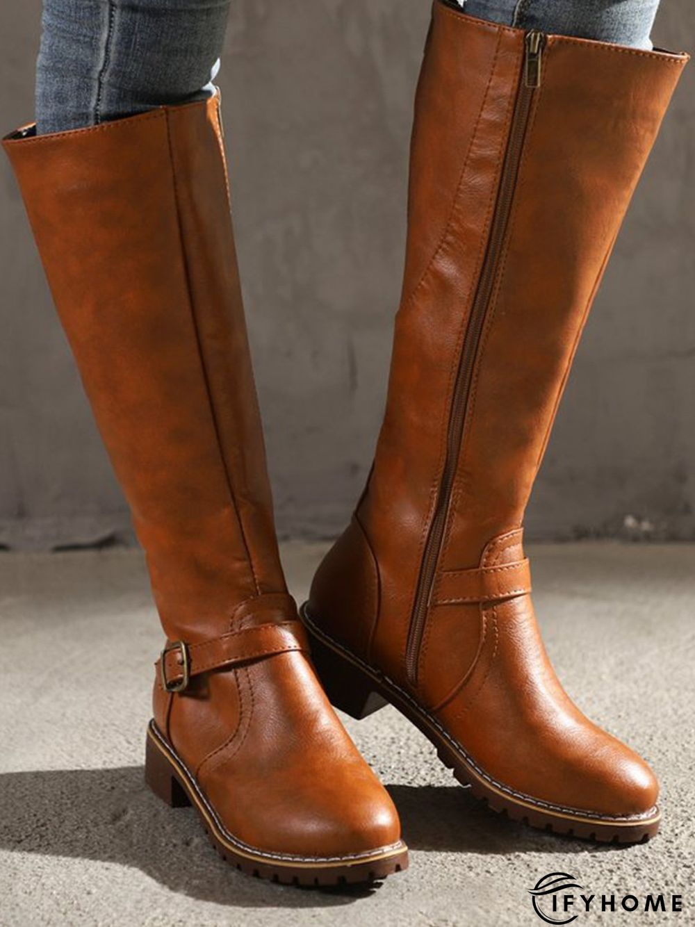 Vintage Round Toe Buckle Tall Boots Chunky Heel Riding Boots | IFYHOME