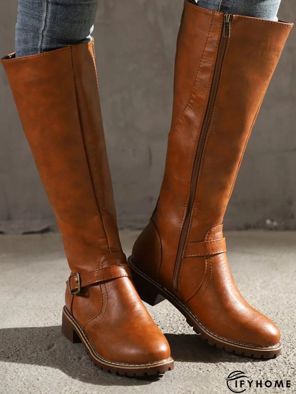 Vintage Round Toe Buckle Tall Boots Chunky Heel Riding Boots | IFYHOME
