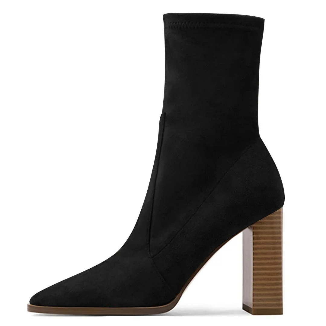 Faux Suede Square Toe Block Heeled Comfy Ankle Boots in Black