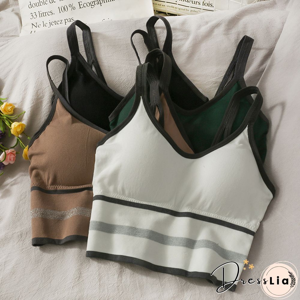 Korean Crop Tops Slim Fit Spaghetti Strap Tanke Top Women Built In Bra Off Shoulder Versatile Striped Camisole Sleeveless Ins