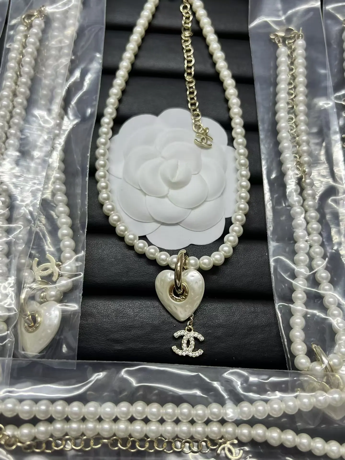 Chanel Heart with Double C Pendant Drop Pearl Necklace
