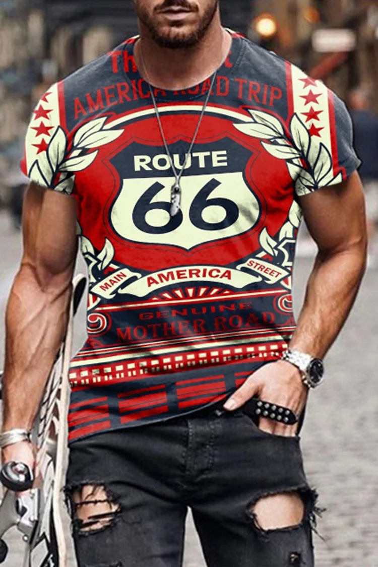 Biker Route 66 Print Short Sleeve T-Shirt