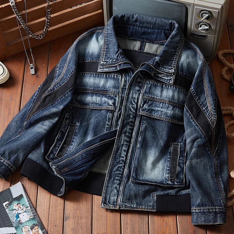 Retro Contrast Stitching Denim Double Lapel Jacket