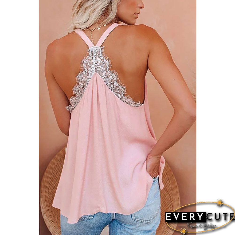 Pink V Neck Lace Detail Open Back Tank Top