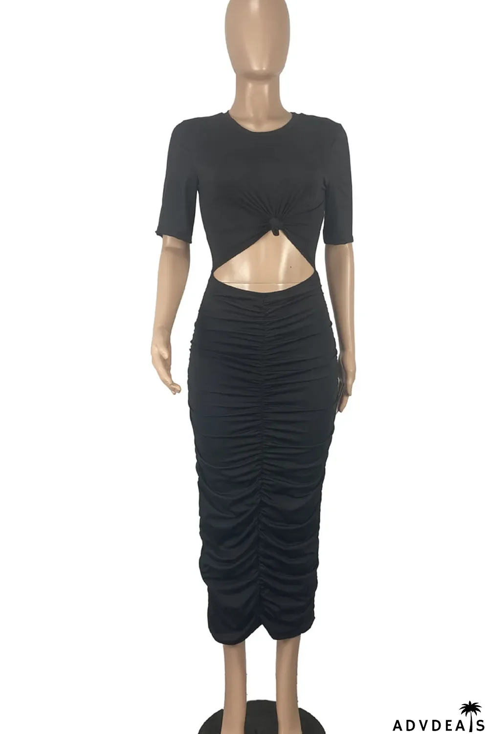 Tangerine Casual Solid Hollowed Out Patchwork Fold O Neck One Step Skirt Dresses