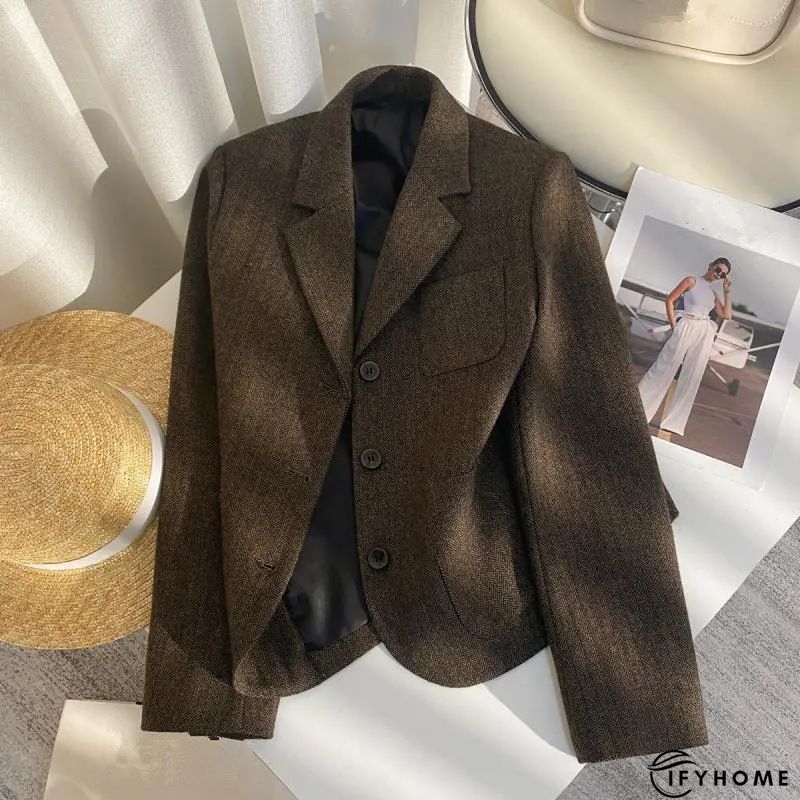Brown Paneled Plain Long Sleeve Shawl Collar Blazer | IFYHOME