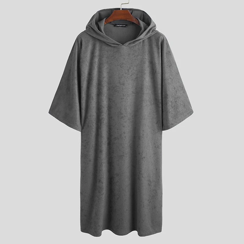 Men Bathrobes Homewear Hooded Half Sleeve Leisure Towel Robes Comfortable Solid Mens Nightgown Bathrobes Poncho INCERUN S-5XL 7