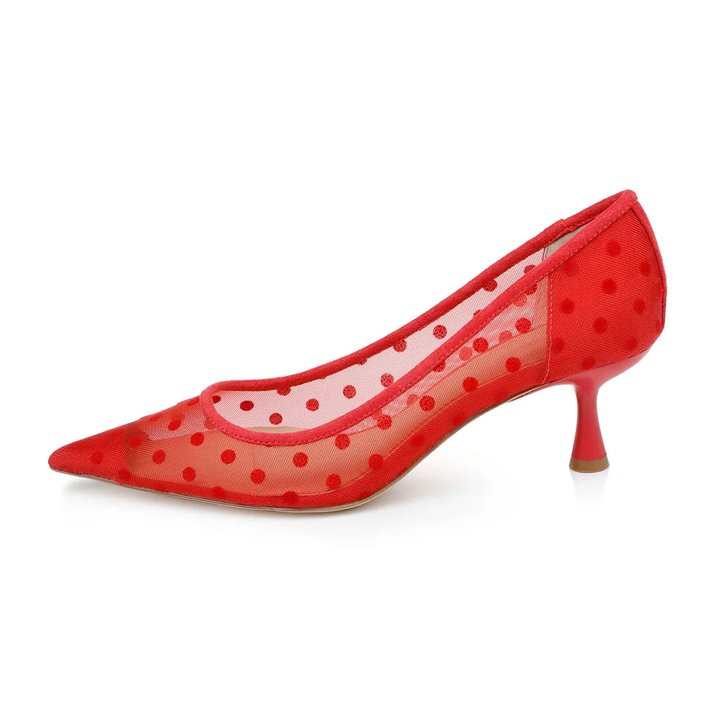 Women's Comfy Mesh Pointed Toe Polka Dot Red Heels Pumps Shoes