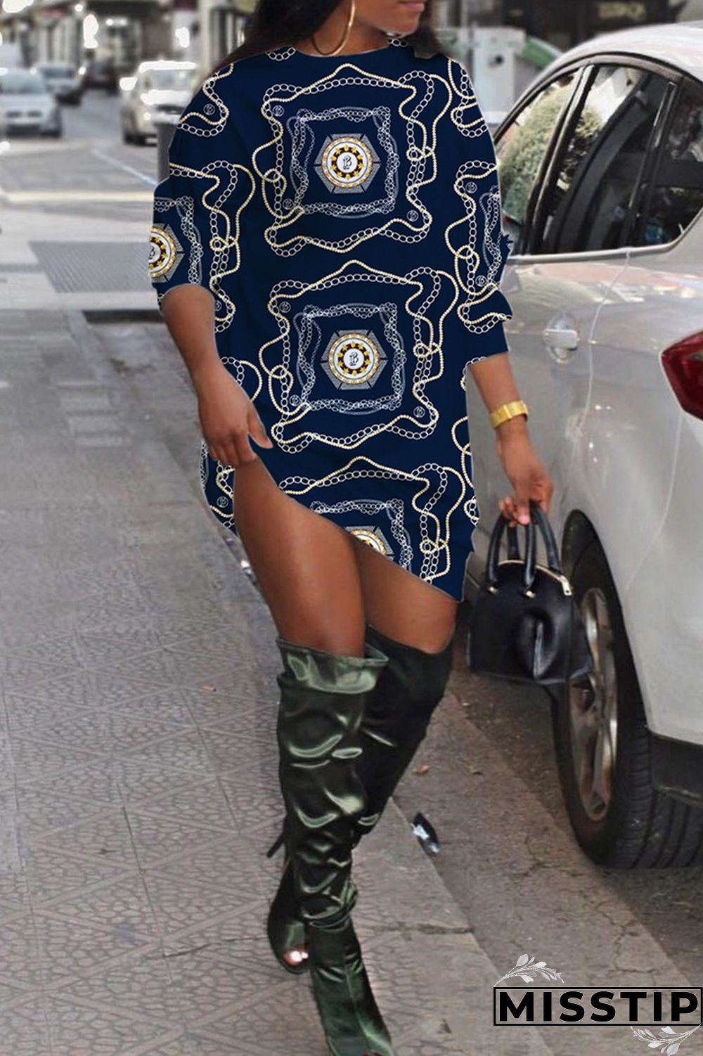 Black Casual Daily Print Patchwork O Neck Long Sleeve Dresses