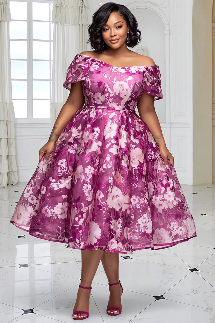 Xpluswear Design Plus Size Cocktail Party Hot Pink Floral Off The Shoulder Organza Midi Dresses [Pre-Order] 2024 - Xpluswear