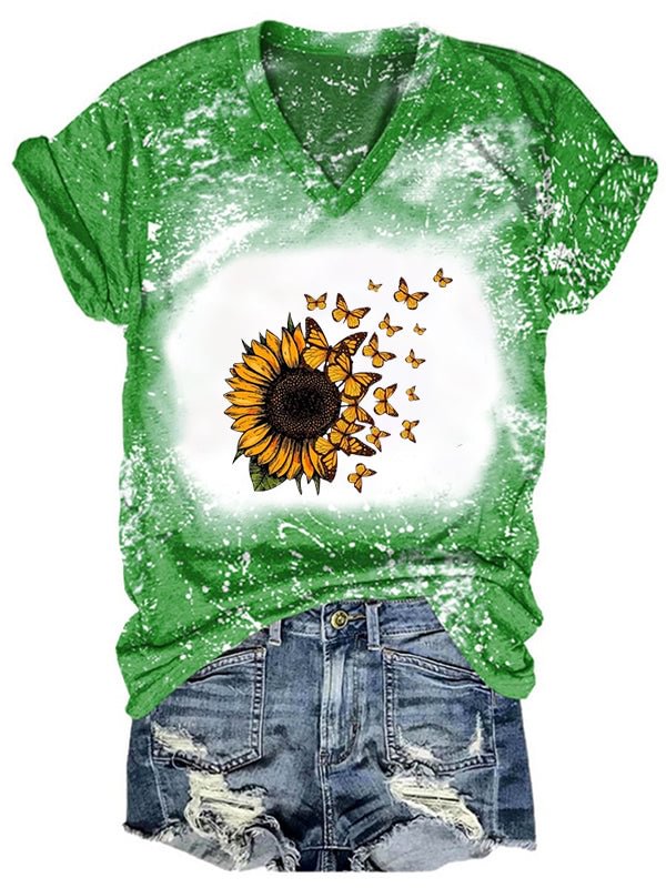 Short Sleeve V Neck Gradient Sunflower Letter Printed T-shirt