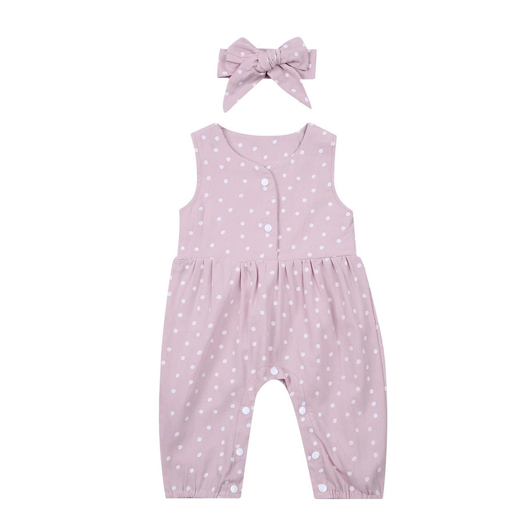2021 Baby Summer Clothing Infant Sleeveless Jumpsuit + Bow Headband, Polka Dot Print Romper Outfits (White/Pink)